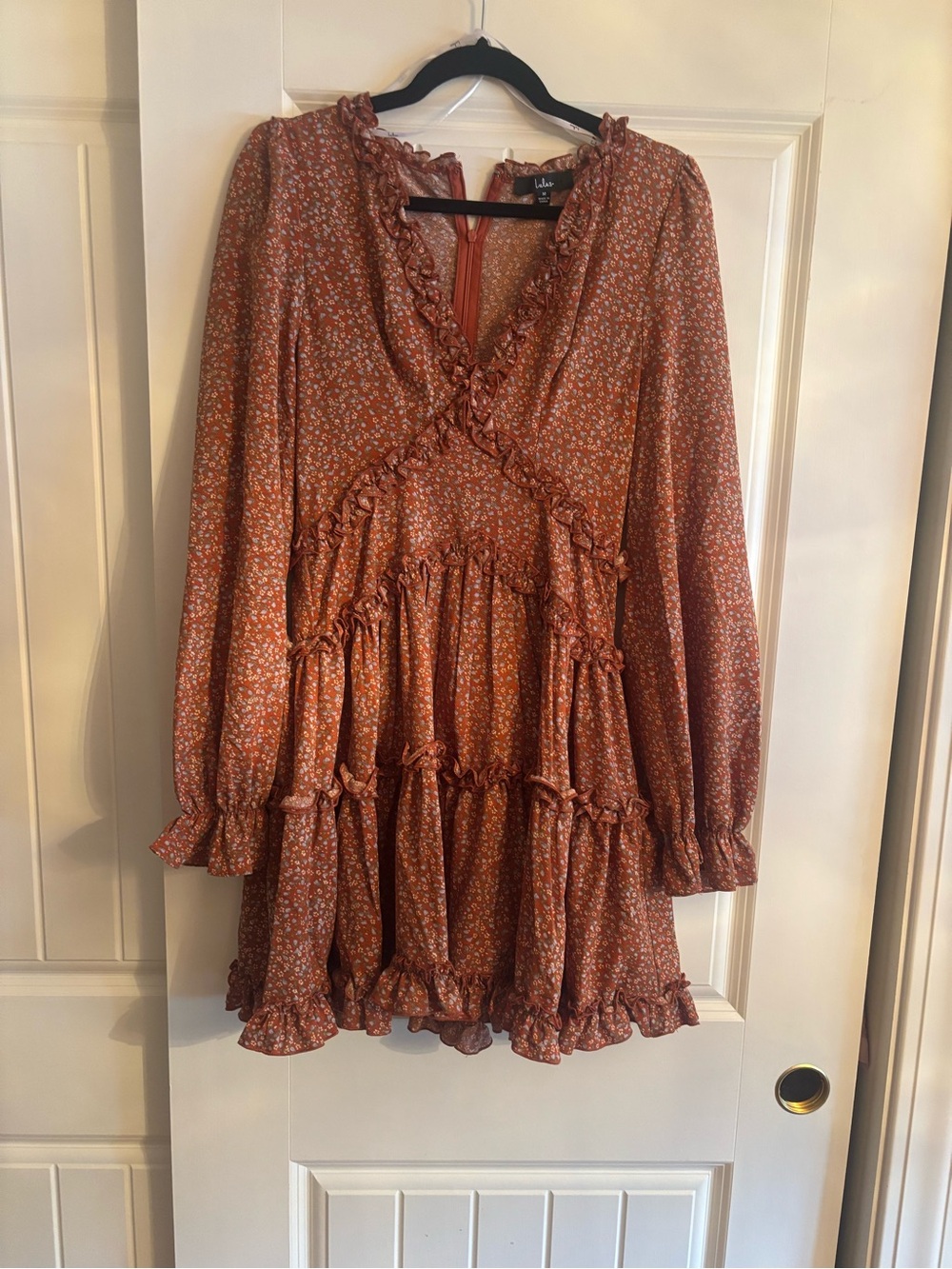 LuLu’s Rust Floral Ruffle Tiered Mini Dress